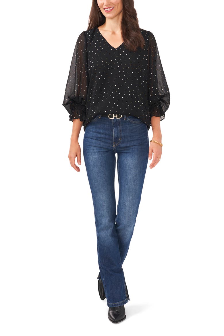 Polka Dot Balloon Sleeve Blouse, Alternate, color, RICH BLACK