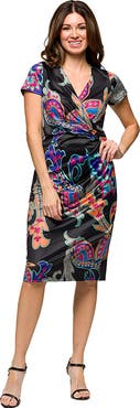 24seven Comfort Apparel Maternity Black Paisley Knee Length Short Sleeve Faux Wrap Dress