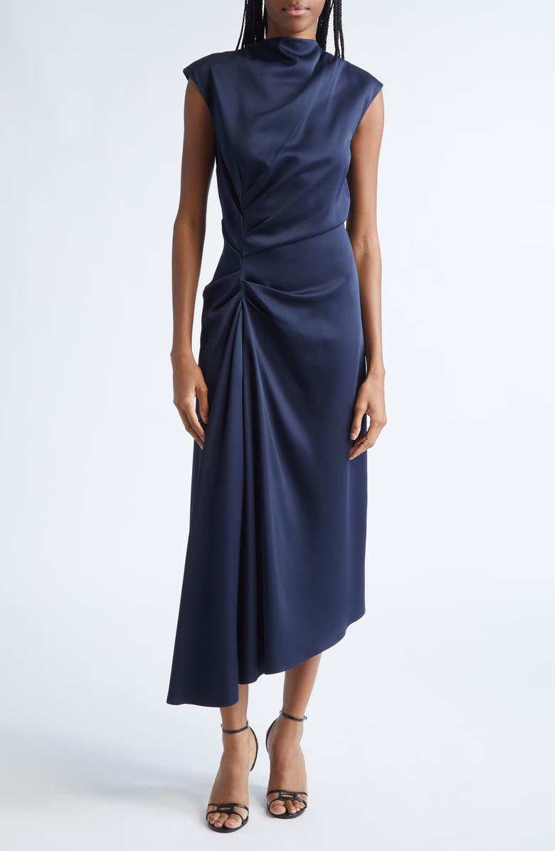 Michael Kors Collection Cowl Neck Satin Cinch Dress, Main, color, Midnight