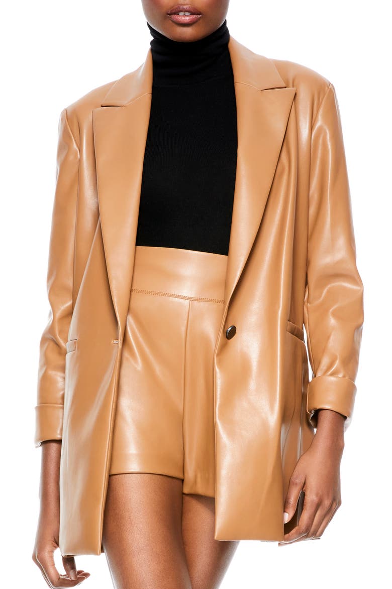 Dunn Loose Fit Faux Leather One-Button Blazer, Main, color, CAMEL