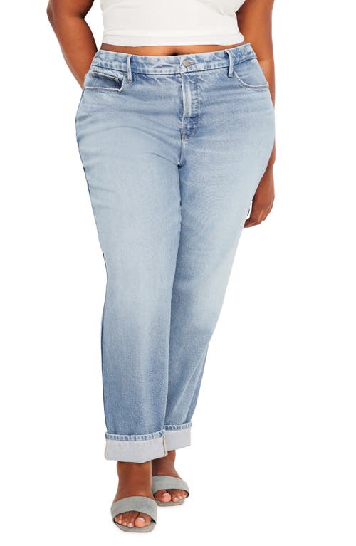 Shop Good American High Waist Cuff Straight Leg Jeans In Indigo510