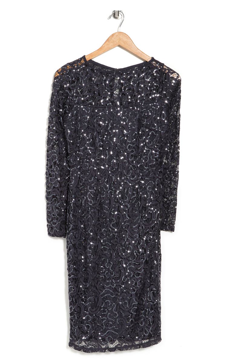 Marina Illusion Yoke Sequin Lace Sheath Dress, Alternate, color, Gun