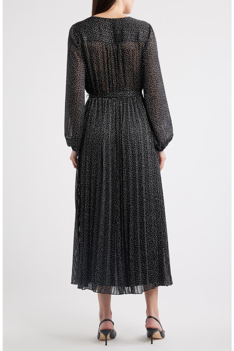 Polka Dot Metallic Thread Long Sleeve Pleated Dress, Alternate, color, BLACK