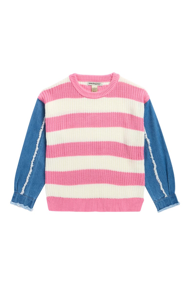 Kids' Denim Sleeve Stripe Sweater, Main, color, PINK