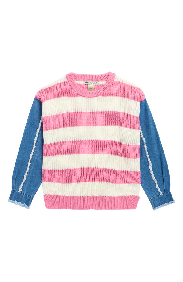 Cotton Emporium Kids' Denim Sleeve Stripe Sweater, Main, color, Pink