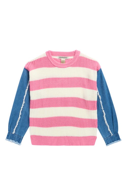 Cotton Emporium Kids' Denim Sleeve Stripe Sweater in Pink  product