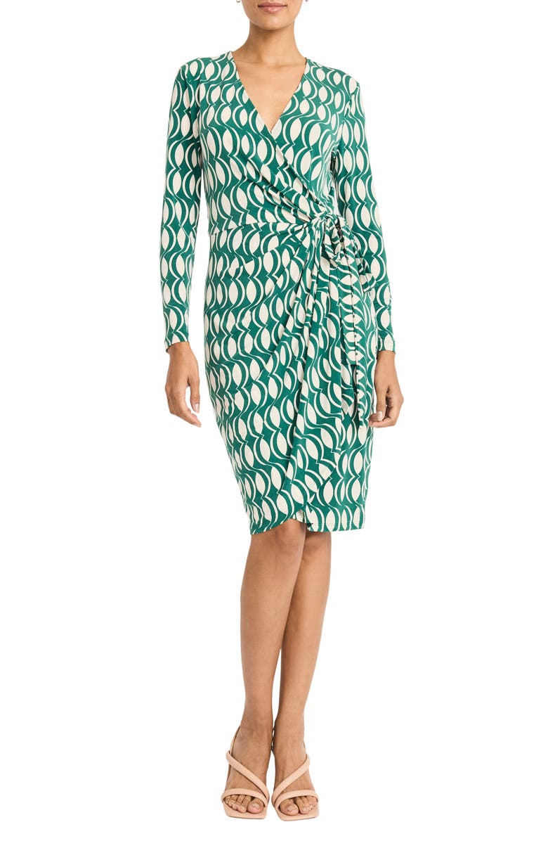 Maggy London Long Sleeve Wrap Dress, Main, color, Emerald Green/ Cream