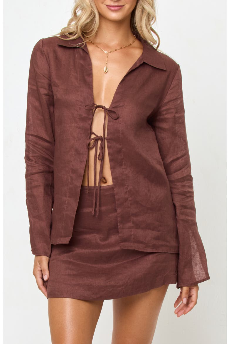 Venice Tie Front Linen Cover-Up Shirt, Main, color, CAFE