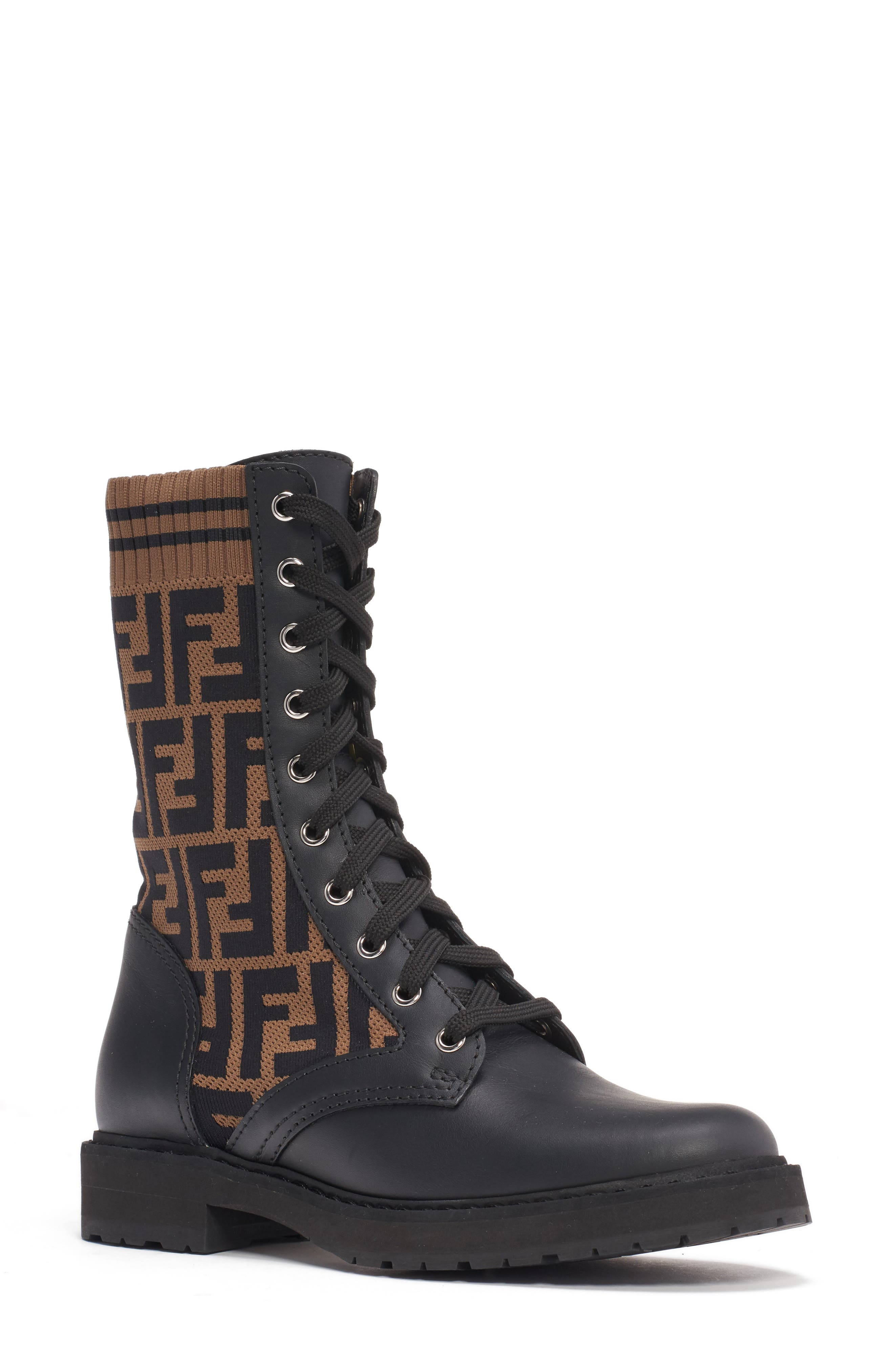 Fendi Rockoko Logo Sock Lace-Up Combat Boot, Main, color, 