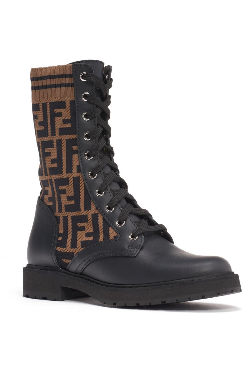 Fendi Rockoko Logo Sock Lace-Up Combat Boot, Main, color,