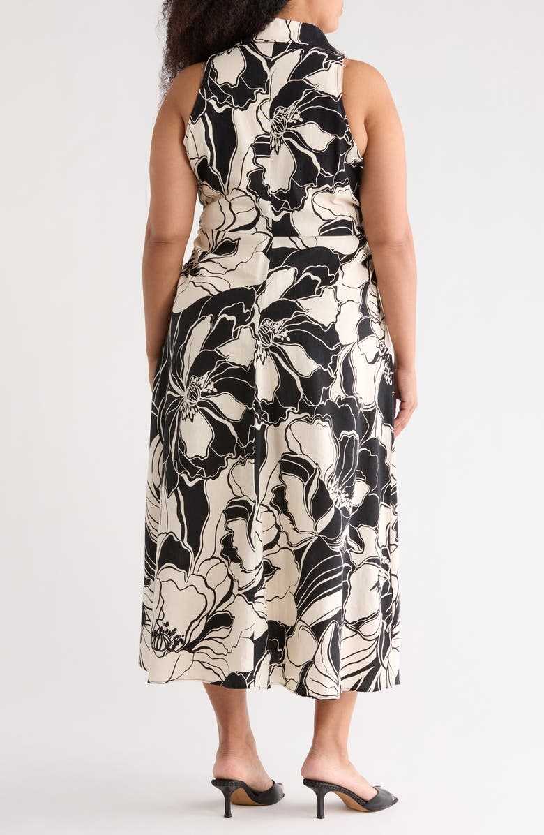 London Times Floral Side Ruched Linen Blend Midi Dress, Alternate, color, Black/ Beige
