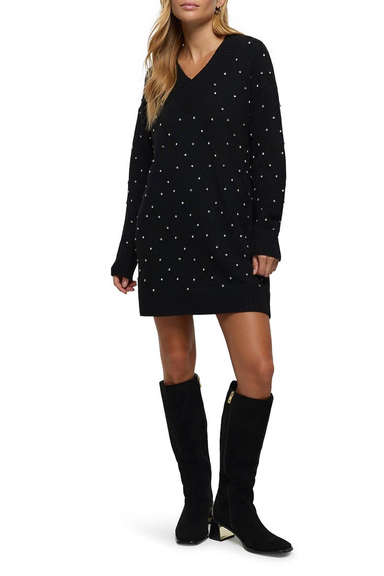 Leonie Crystal Embellished Long Sleeve Sweater Dress, Main, color, BLACK