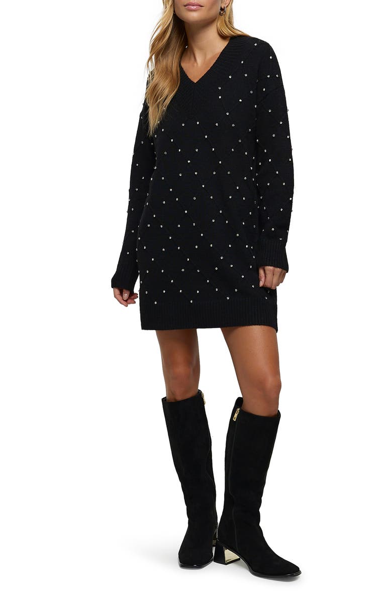 River Island Leonie Crystal Embellished Long Sleeve Sweater Dress, Main, color, 