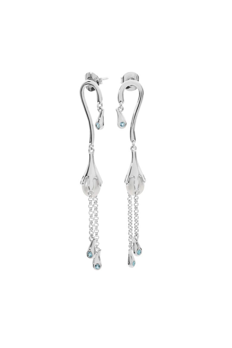 Pearl Drop Earrings with Blue Swarovski Crystals, Main, color, Sterling Silver