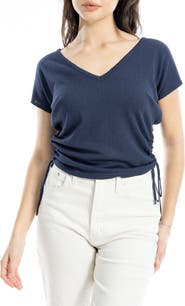 MAX STUDIO Side Ruched Short Sleeve V-Neck Sweater