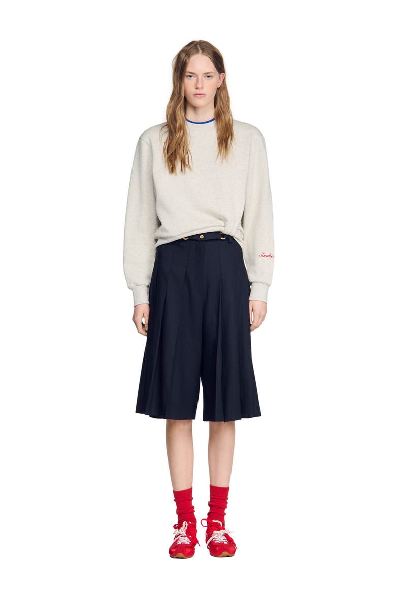 Long pleated wool shorts, Alternate, color, Navy blue