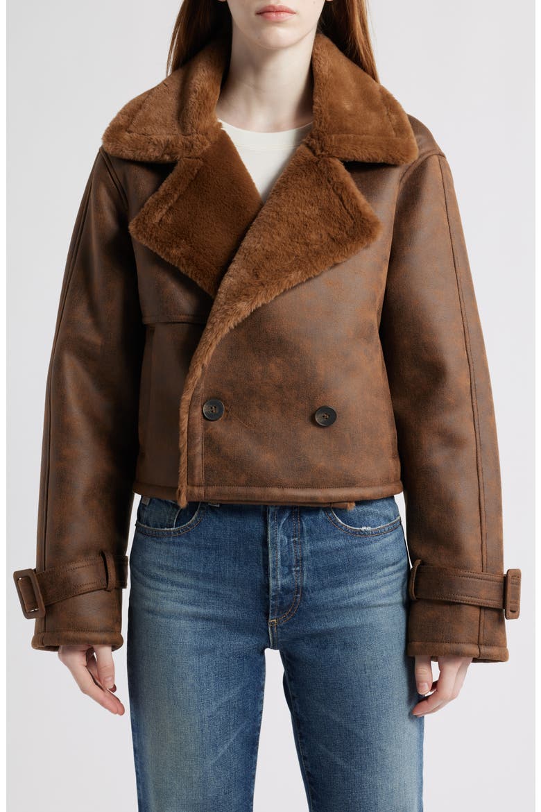 Distressed Faux Shearling Moto Jacket, Main, color, ESPRESSO