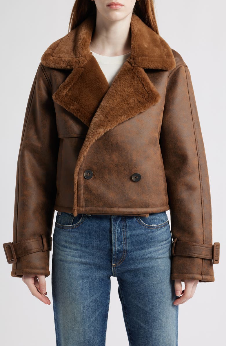 Bernardo Distressed Faux Shearling Moto Jacket, Main, color, Espresso
