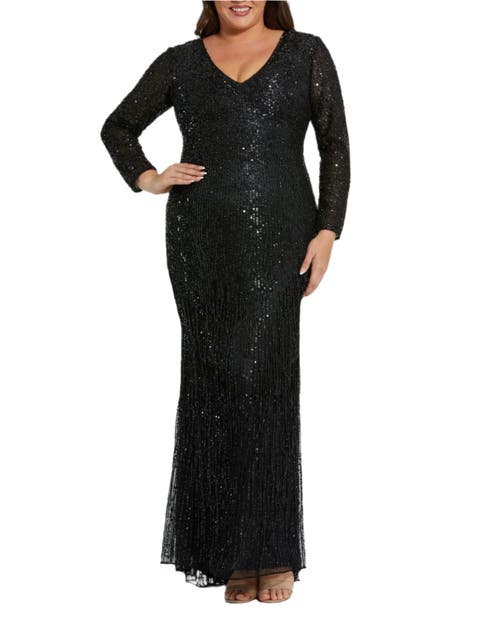 Mac Duggal Long Sleeve V Beck Beaded Fringe Gown In Black
