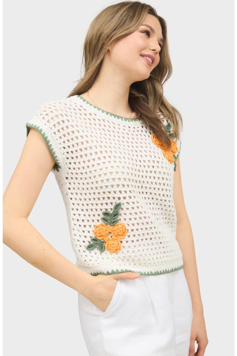 Floral Cap Sleeve Open Stitch Cotton Sweater, Alternate, color, IVORY