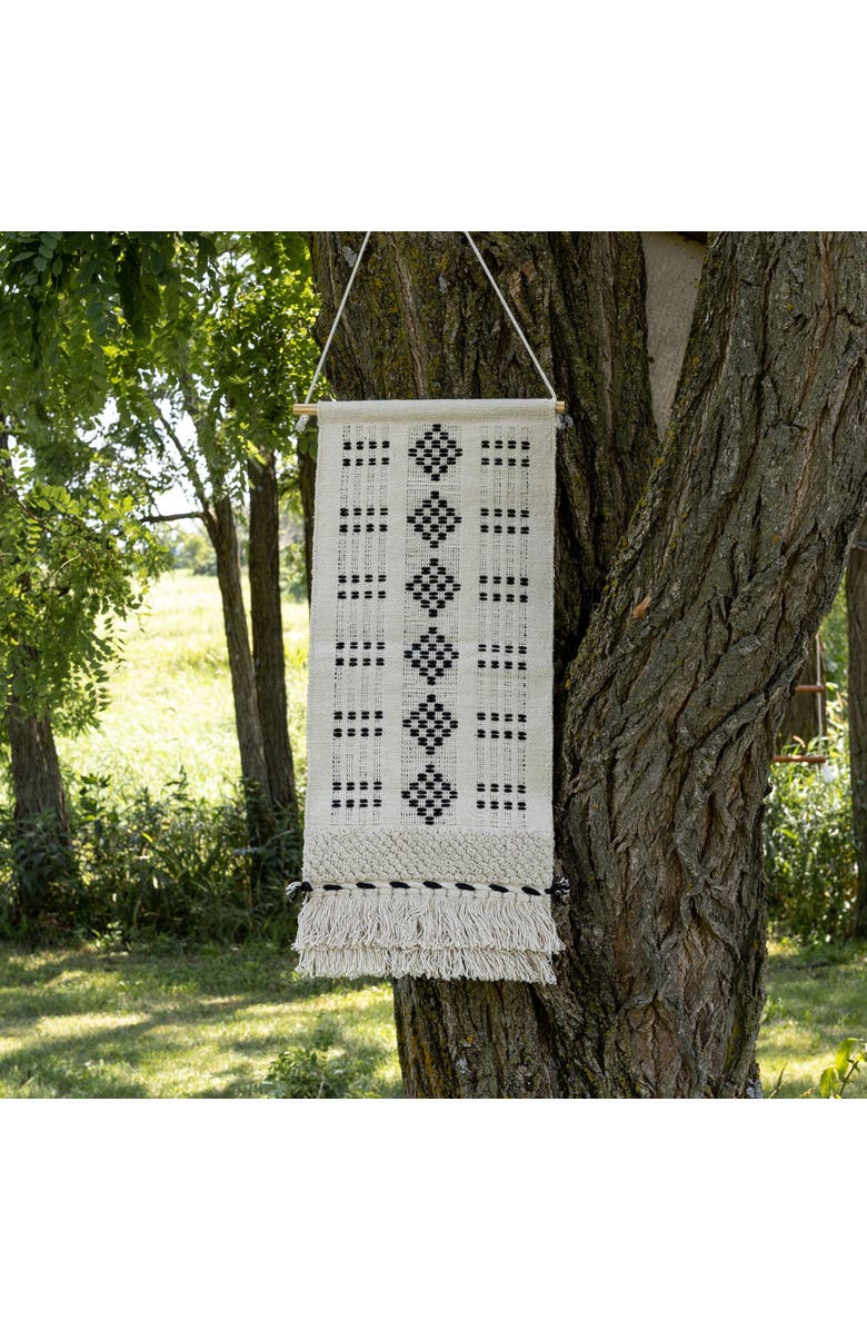 Foreside Home and Garden Hand Woven Geo Pattern Wall Art Black Cotton & Wood Dowel, Alternate, color, Beige