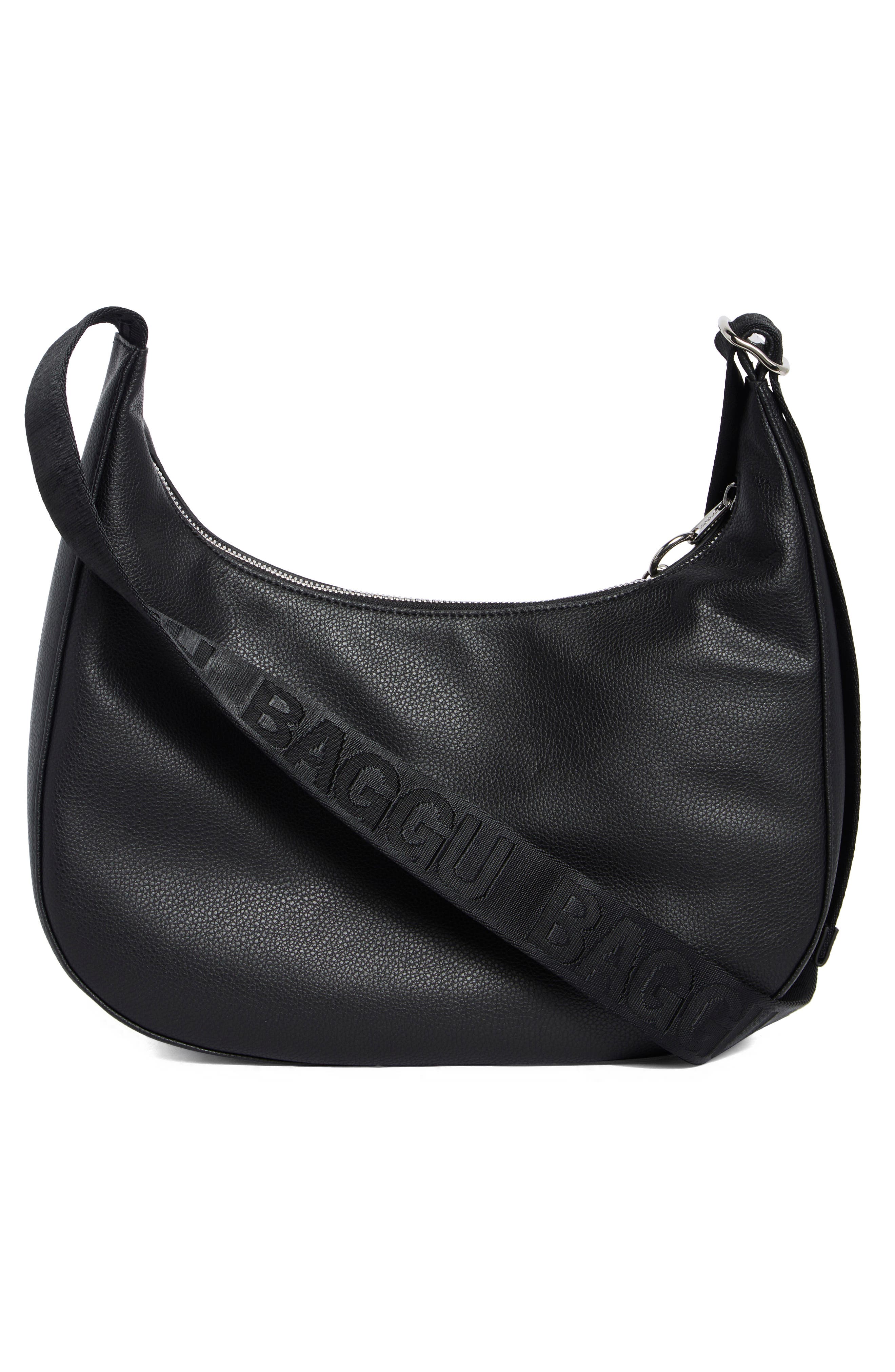 Medium Recycled Leather Crescent Shoulder Bag, Alternate, color, BLACK