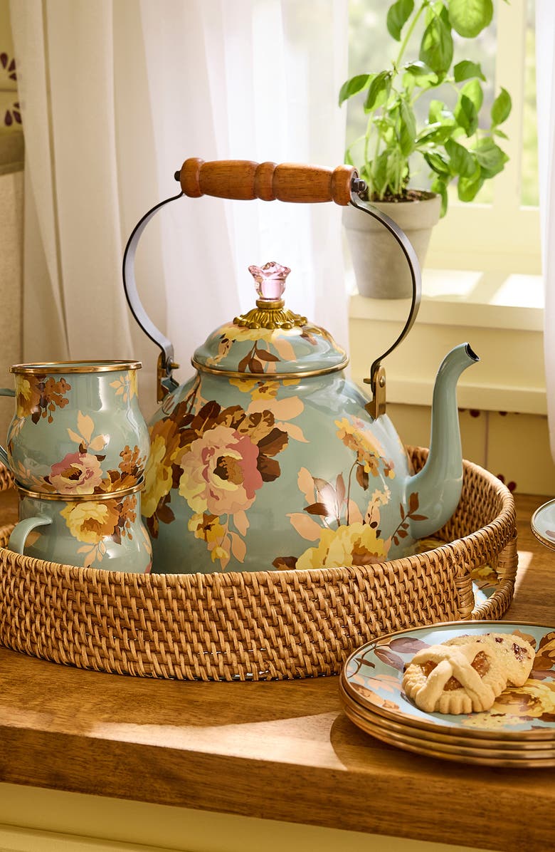 MACKENZIE CHILDS Wild Rose Slate Enameled Steel 3-Quart Tea Kettle, Alternate, color, Blue