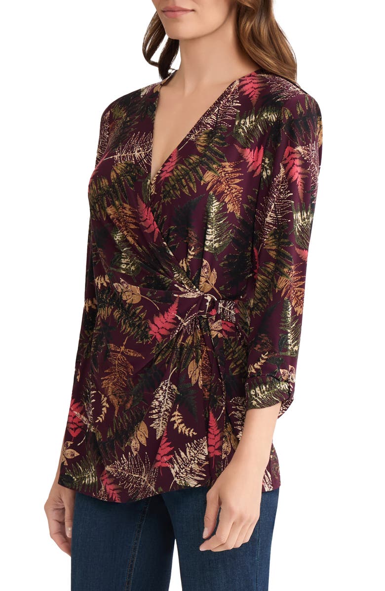 Jones New York Leaf Print Wrap Top, Alternate, color, Wine Plum Multi