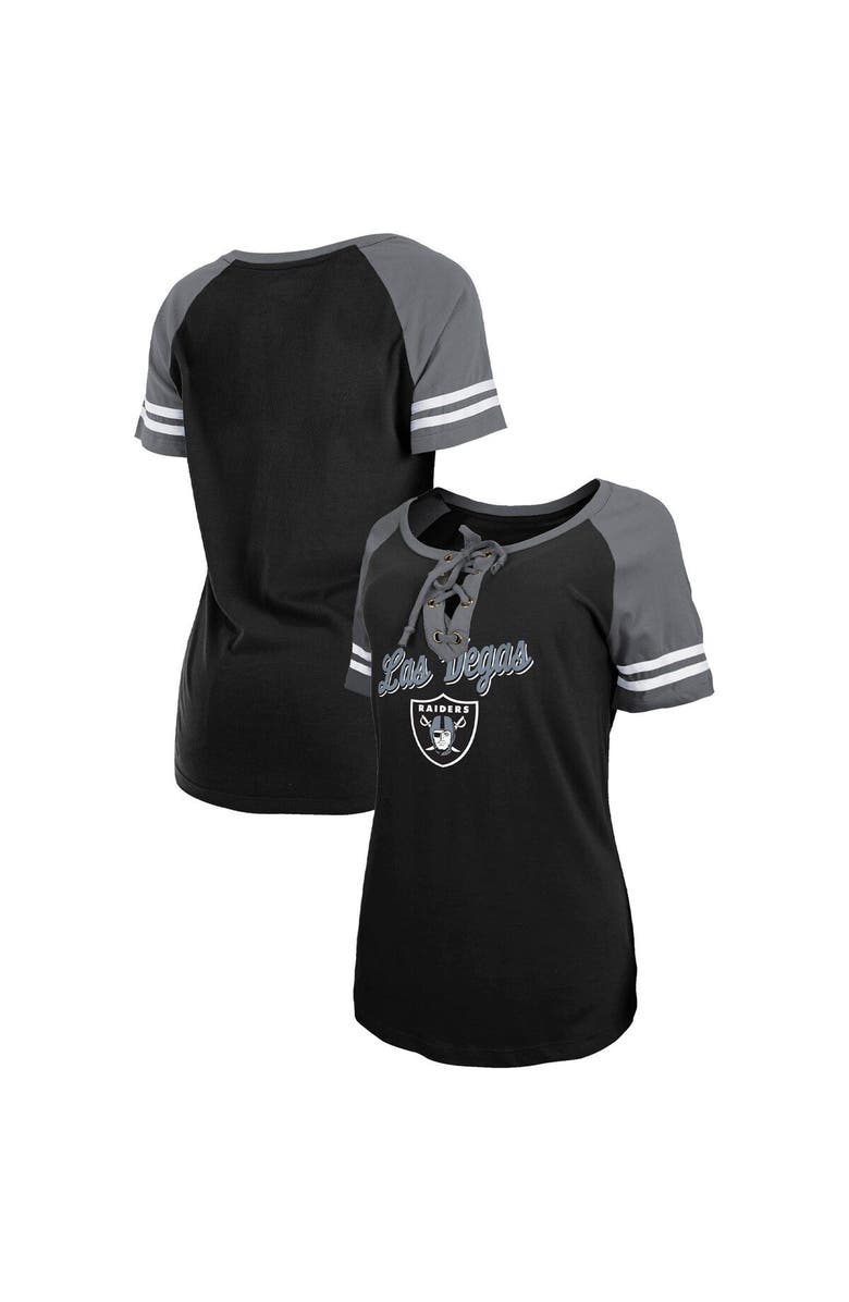 New Era Women's New Era Black/Silver Las Vegas Raiders Lightweight Lace-Up Raglan T-Shirt, Alternate, color,
