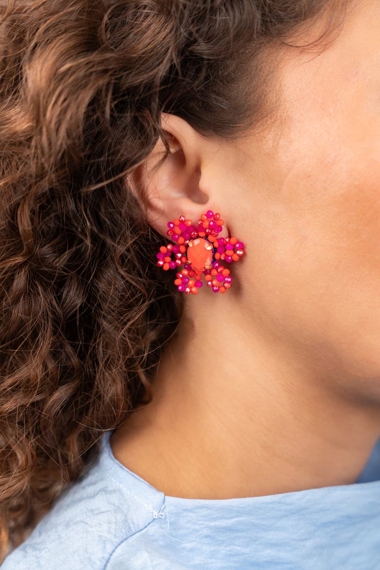 Blooming Flower Silk Statement Earrings in Fuchsia Mix, Alternate, color, Fuchsia Mix