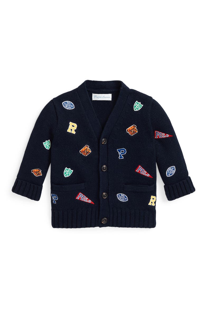 Varsity Schiffli Cotton Sweater Knit Cardigan, Main, color, VARSITY SCHIFFLI RL NAVY