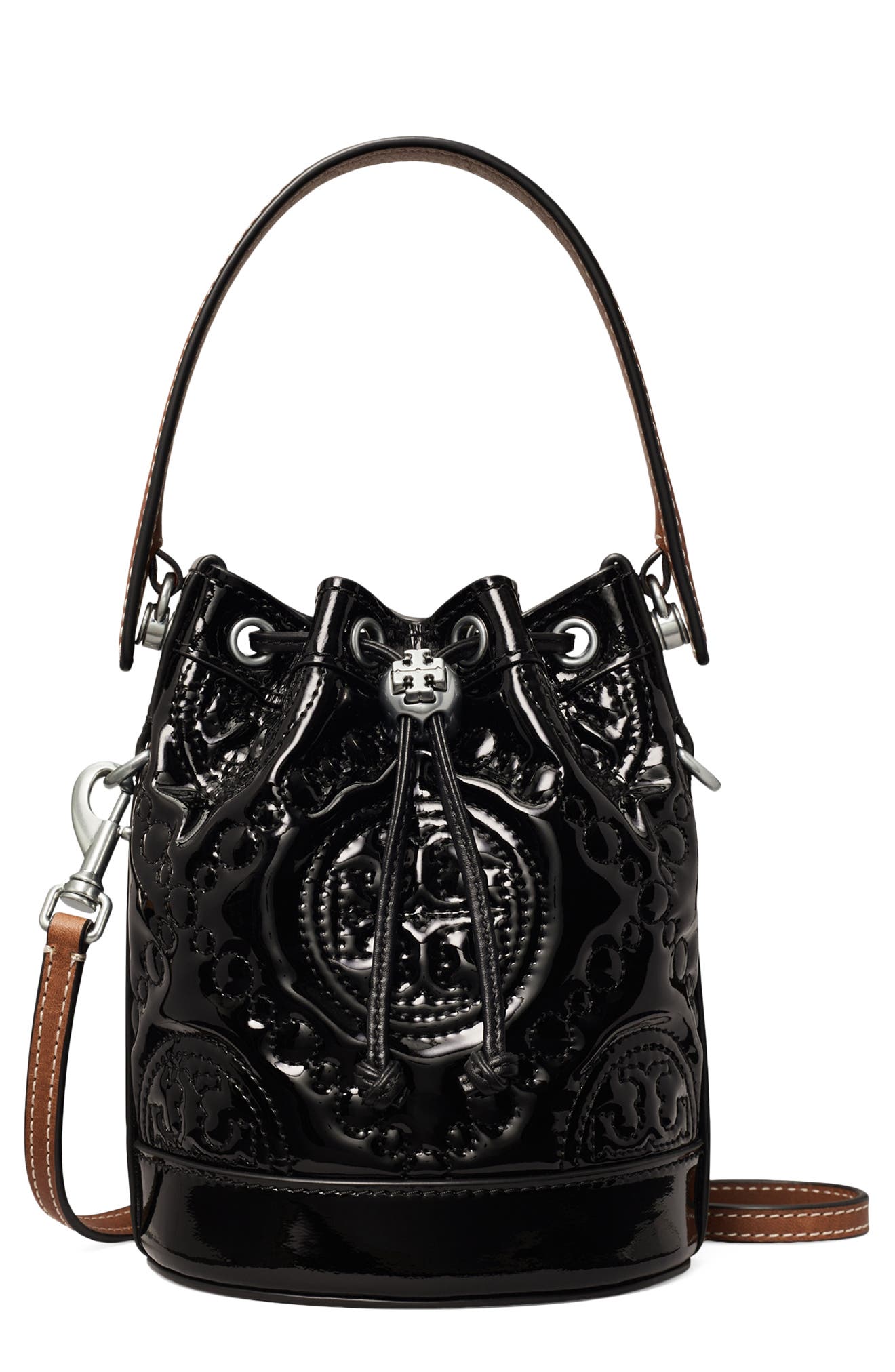 Tory Burch T Monogram Mini Puffy Patent Leather Bucket Bag, Main, color, 