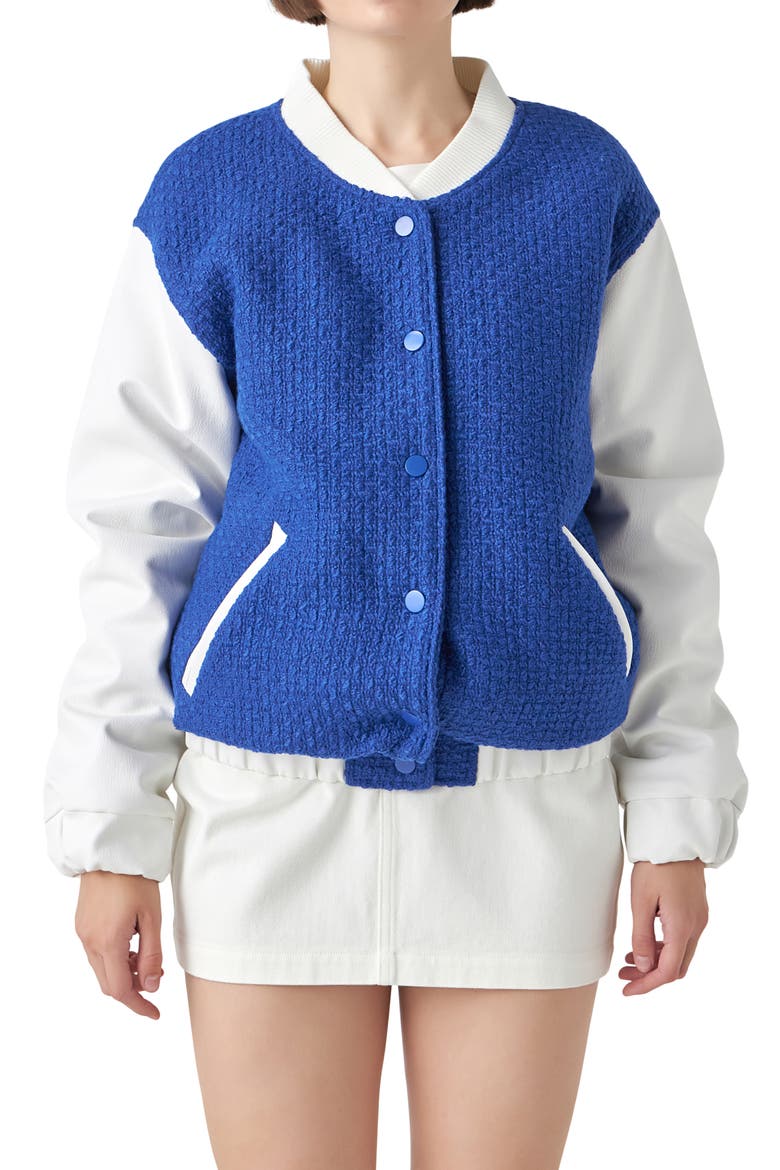 Tweed & Faux Leather Bomber Jacket, Main, color, BLUE/ WHITE