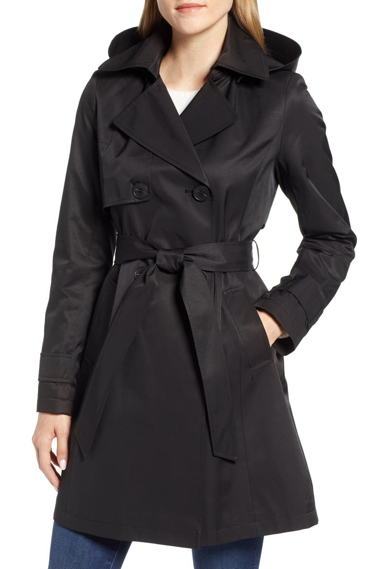 Hooded Trench Coat, Main, color, BLACK
