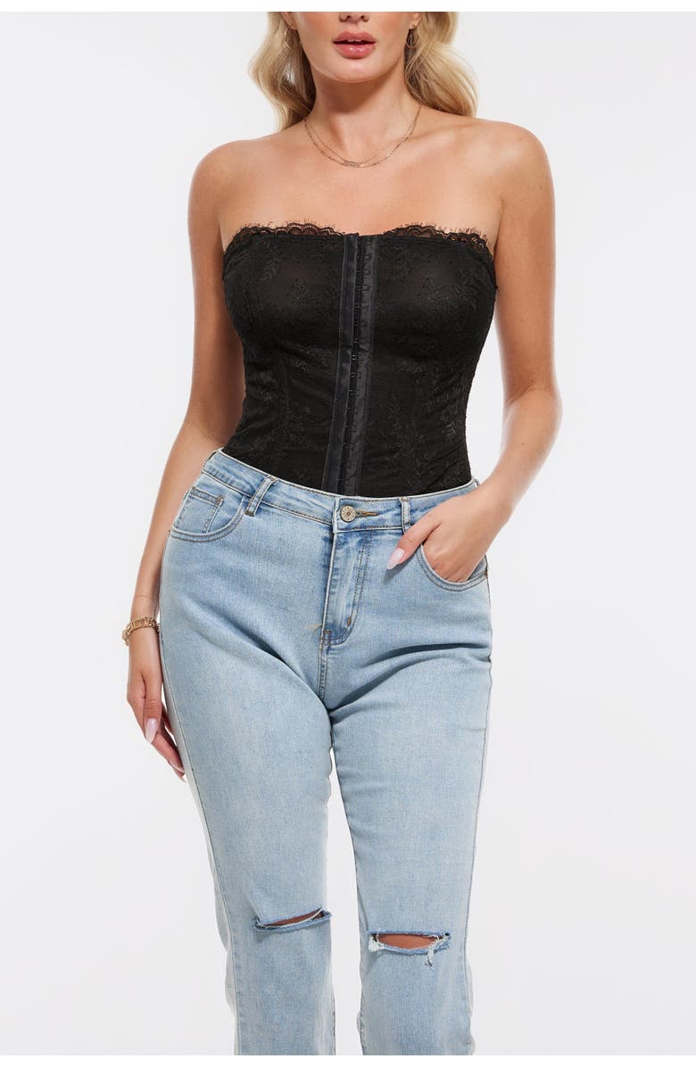 Popilush Leopard Lace Faux Denim Detachable Strap Corset Bustier, Alternate, color, Black Lining