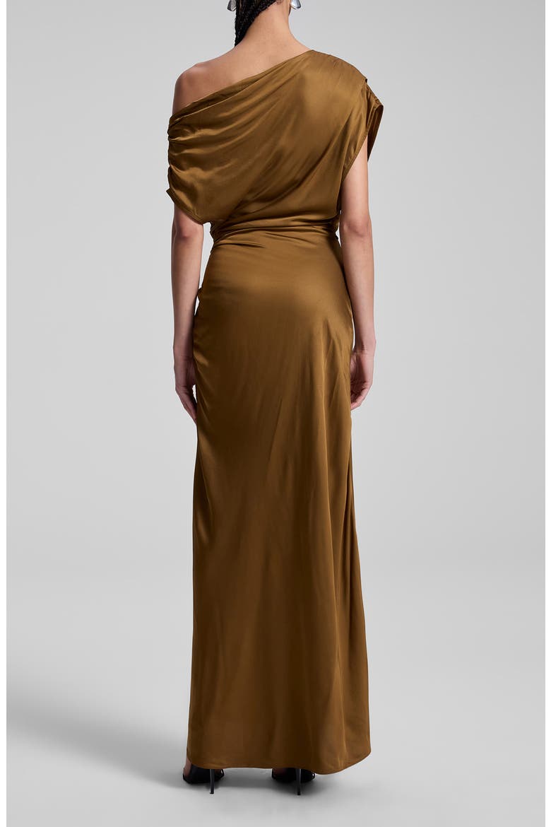 Penny Ruched One-Shoulder Satin Gown, Alternate, color, MOCHA