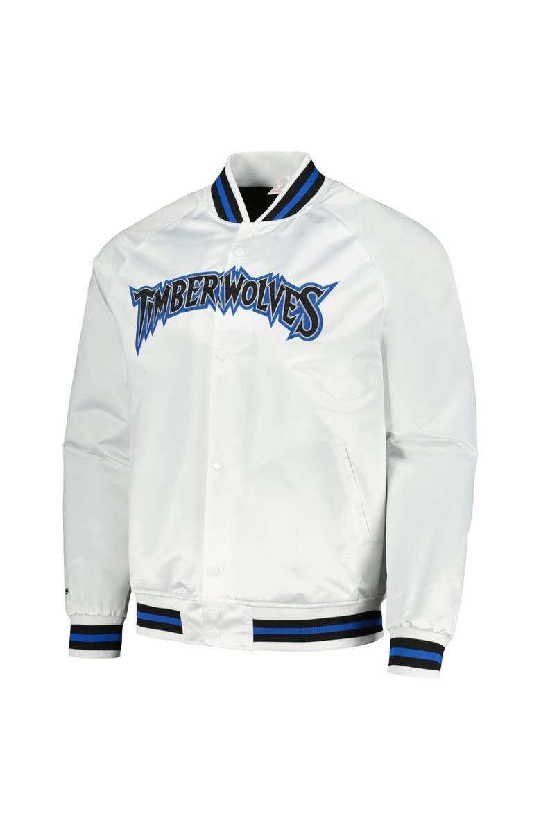 Mitchell & Ness Men's Mitchell & Ness White Minnesota Timberwolves Hardwood Classics Throwback Wordmark Raglan Full-Snap Jacket, Alternate, color,