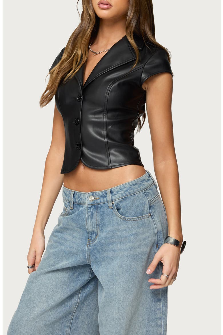 Tailored Faux Leather Short Sleeve Button-Up Shirt, Alternate, color, BLACK