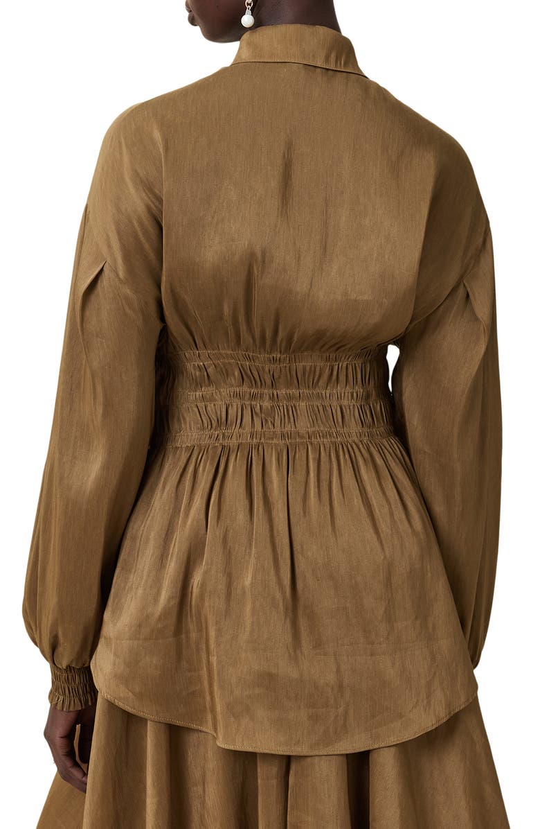 AllSaints Staci Smock Waist Linen & Silk Button-Up Shirt, Alternate, color, Breen Brown