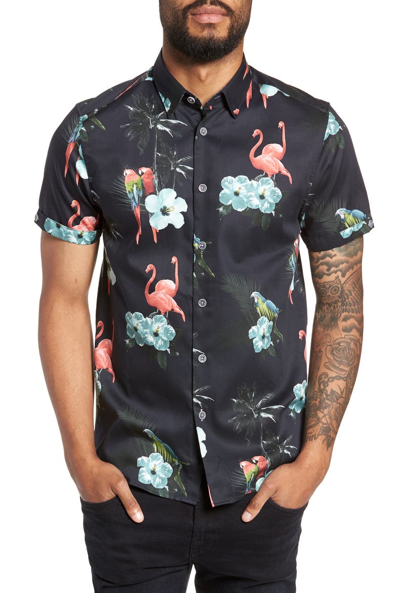 Chela Slim Fit Tropical Print Sport Shirt, Main, color, NAVY