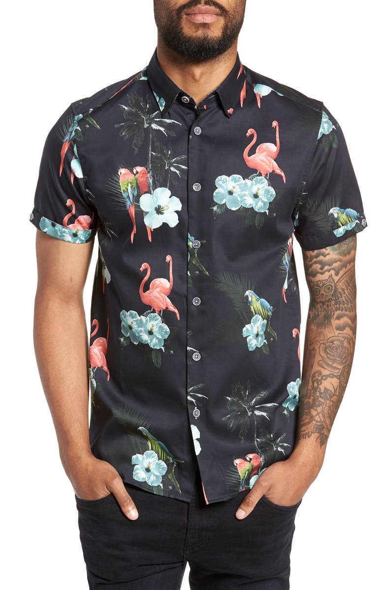 Ted Baker London Chela Slim Fit Tropical Print Sport Shirt, Main, color, 