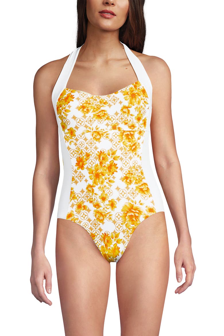 Halter Cut Out High Leg One Piece Swimsuit, Alternate, color, Yellow Mosaic Floral/White