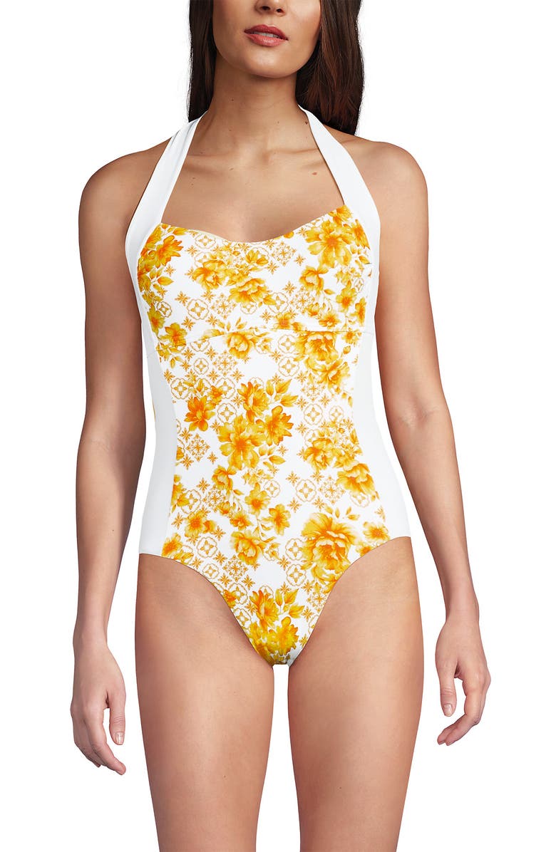 Lands' End Halter Cut Out High Leg One Piece Swimsuit, Alternate, color, Yellow Mosaic Floral/White