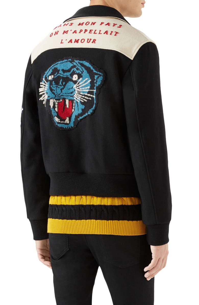 Gucci Wool Bomber with Cat Appliqué, Alternate, color, 