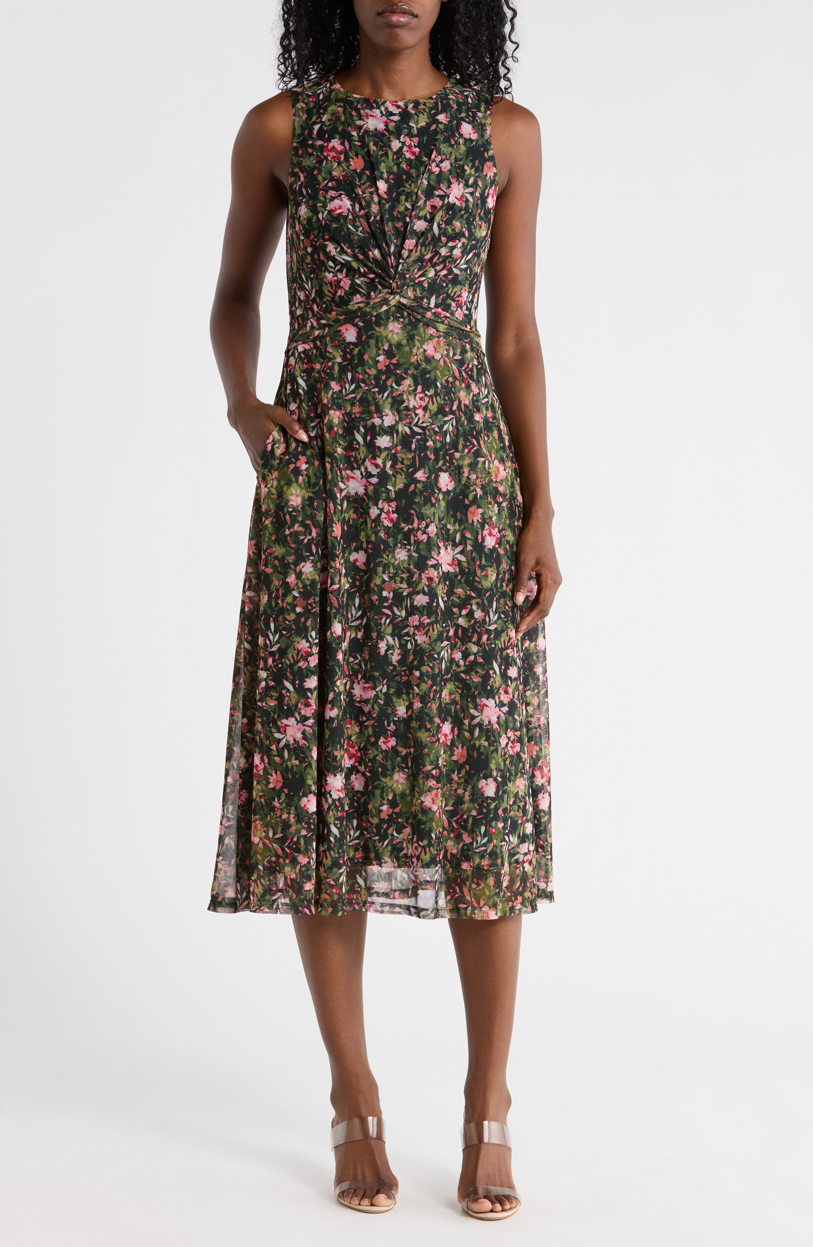 Vince Camuto Floral Twisted Front Mesh Midi Dress