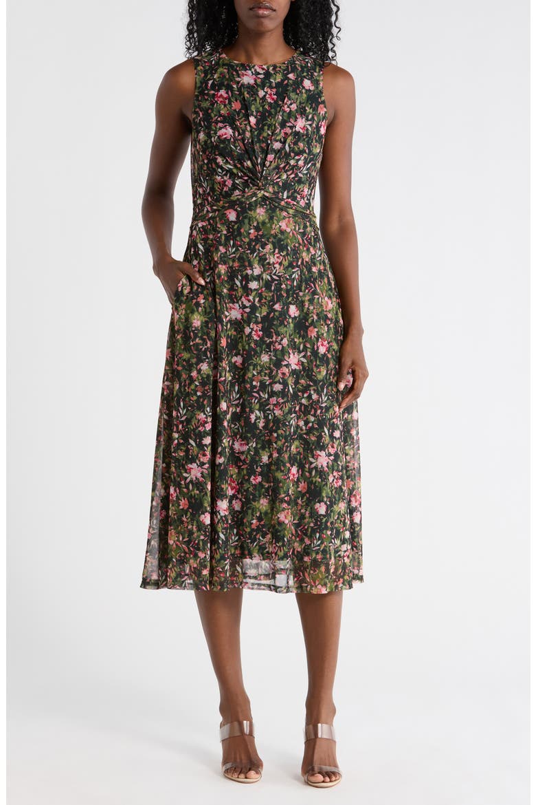 Floral Twisted Front Mesh Midi Dress, Main, color, GREEN MULTI