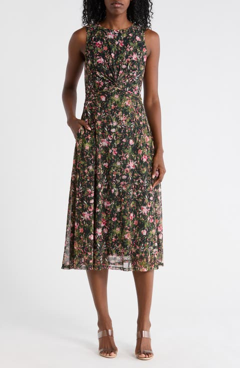 Floral Twisted Front Mesh Midi Dress