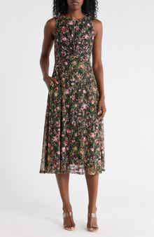 Vince Camuto Floral Twisted Front Mesh Midi Dress