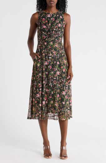 Vince Camuto Floral Twisted Front Mesh Midi Dress