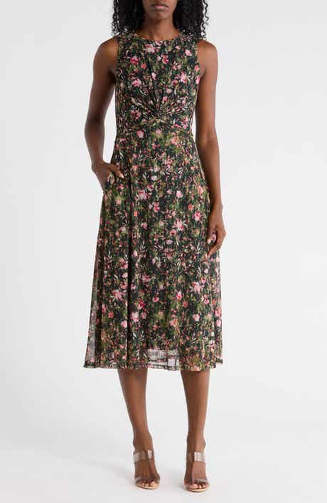 Vince Camuto Floral Twisted Front Mesh Midi Dress
